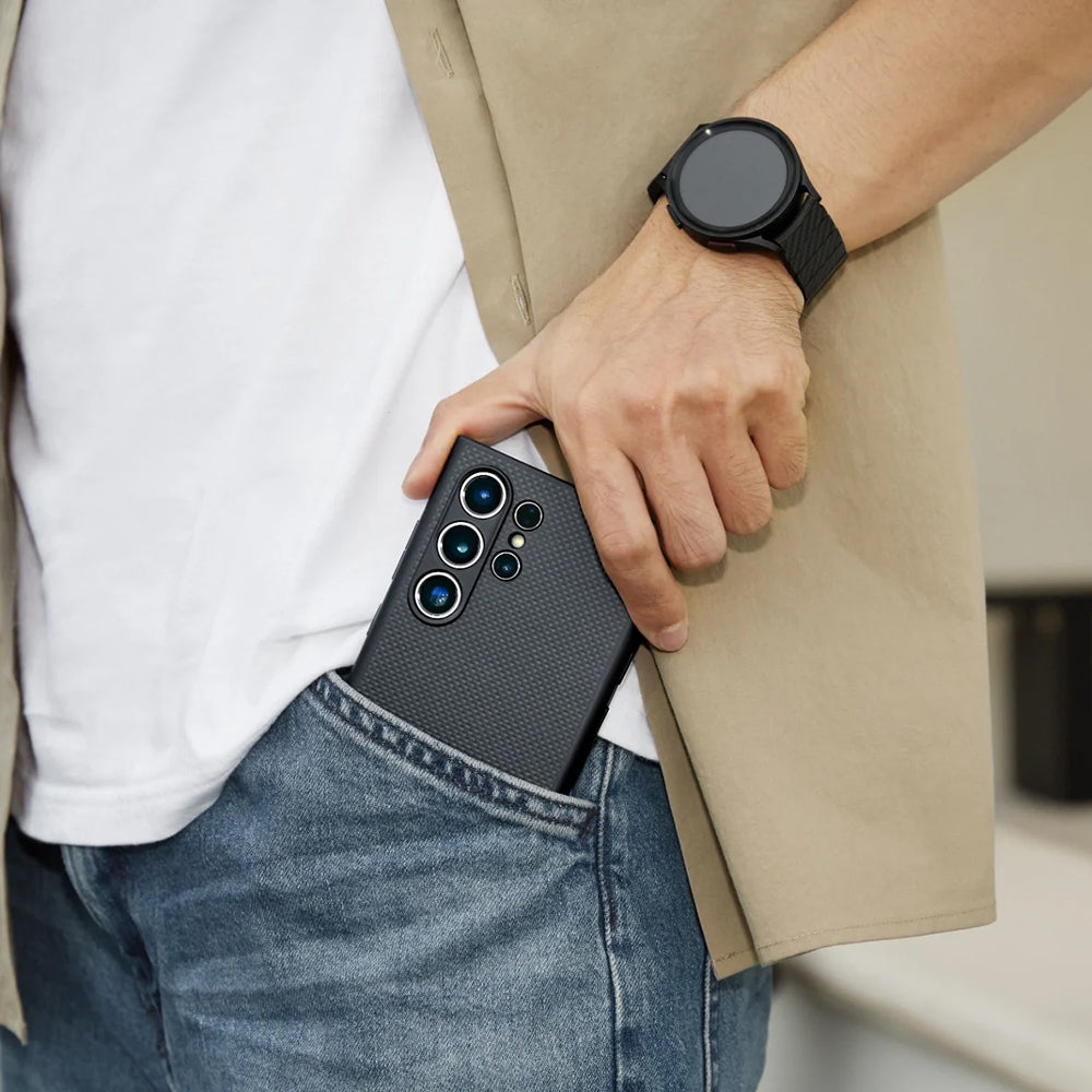 Pitaka PinButton Serisi Galaxy S24 Ultra M-safe Şarj Özellikli Aramid Fiber 3 Fonksiyon Butonlu Kılıf