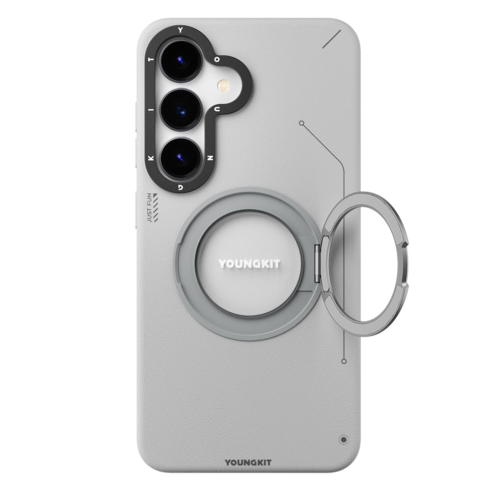 Youngkit Tech Leather Serisi Galaxy S25 Kılıf Magsafe 360° Standlı Mat Deri Desenli Telefon Kılıfı-1