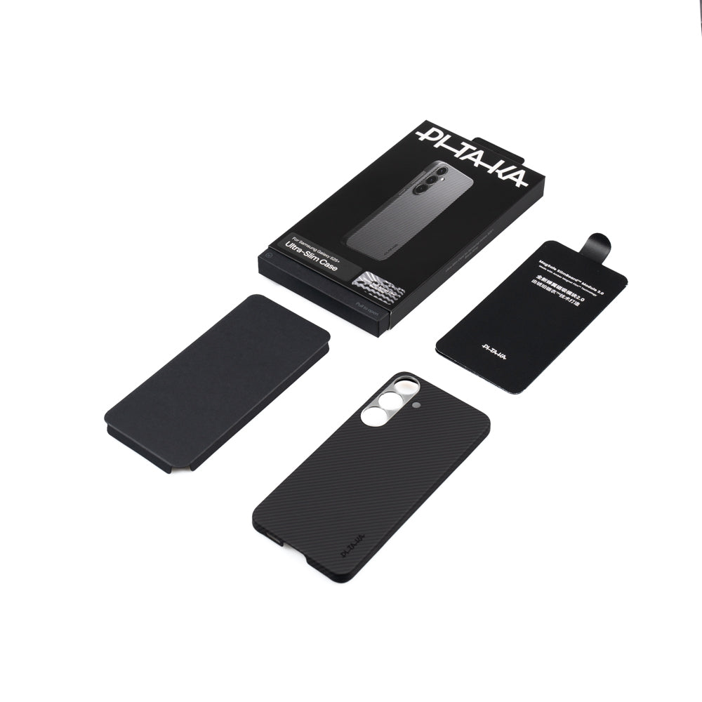 Pitaka Ultra-Slim Classic Serisi Galaxy S25 Plus M-safe Şarj Özellikli 600D Aramid Fiber Black-Grey Twill Kılıf