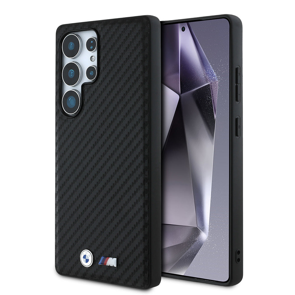 BMW Galaxy S25 Ultra Orjinal Lisanslı Karbon Fiber Tasarımlı ve Metal Logolu PU Deri M-safe Kılıf