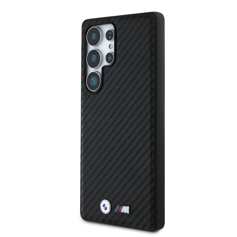 BMW Galaxy S25 Ultra Orjinal Lisanslı Karbon Fiber Tasarımlı ve Metal Logolu PU Deri M-safe Kılıf