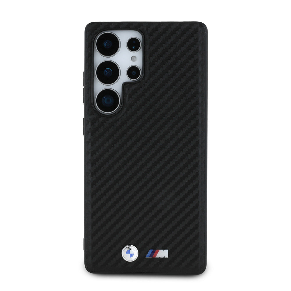 BMW Galaxy S25 Ultra Orjinal Lisanslı Karbon Fiber Tasarımlı ve Metal Logolu PU Deri M-safe Kılıf
