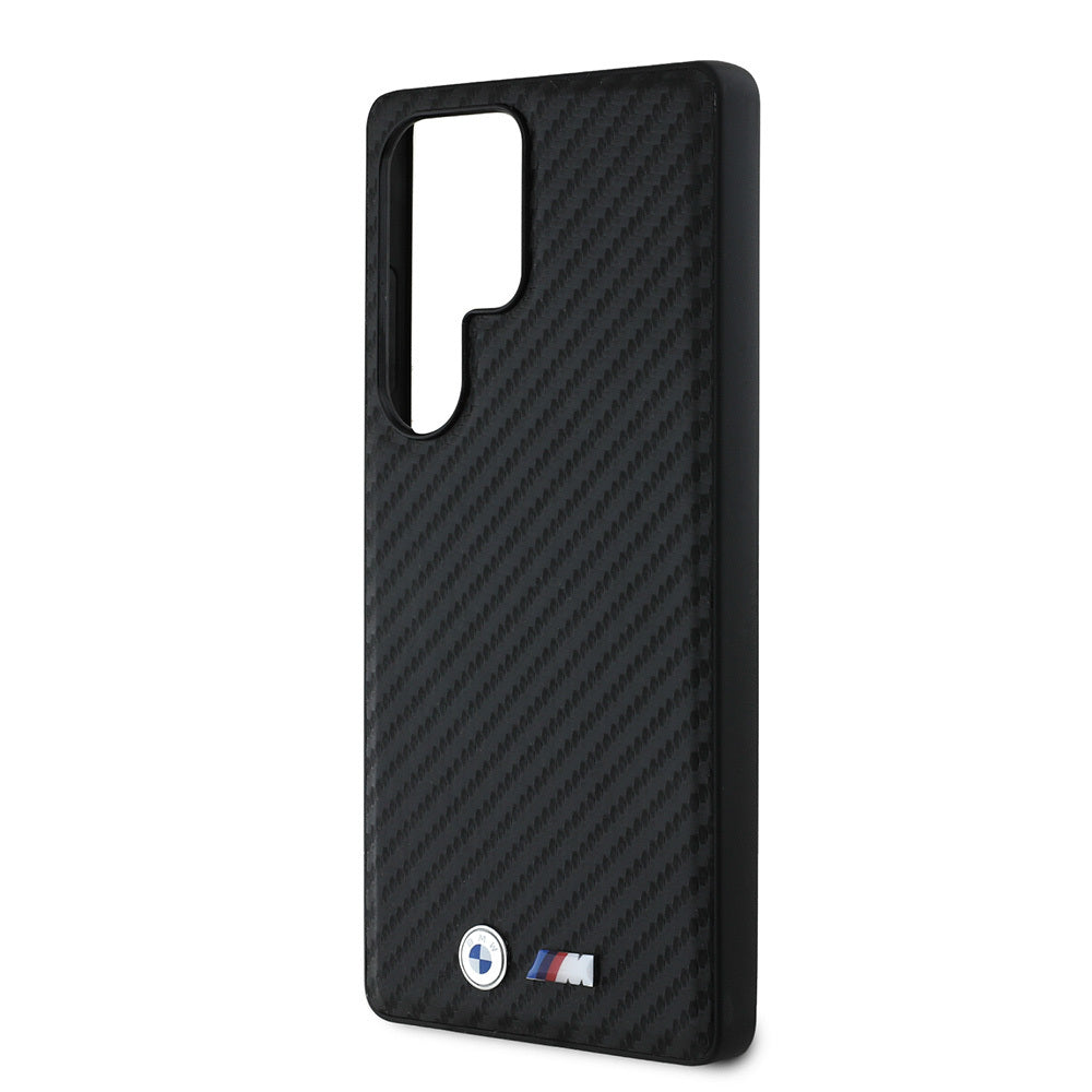 BMW Galaxy S25 Ultra Orjinal Lisanslı Karbon Fiber Tasarımlı ve Metal Logolu PU Deri M-safe Kılıf