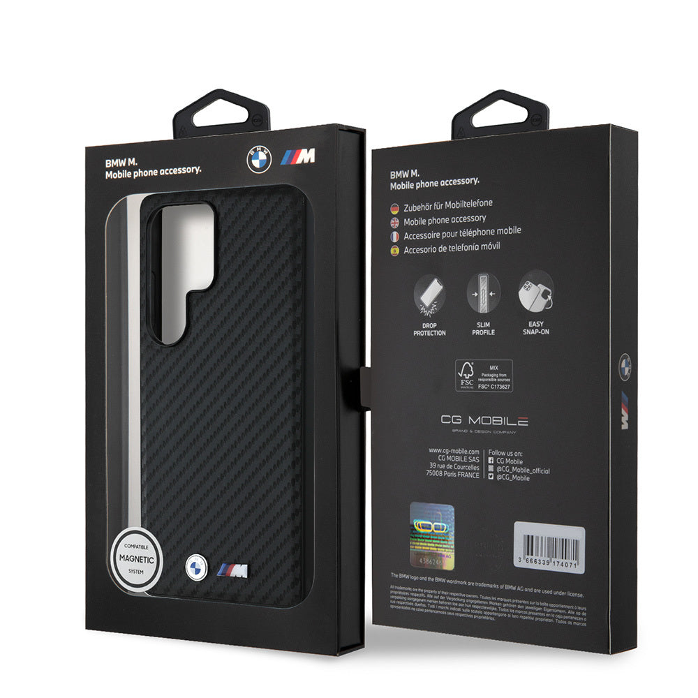 BMW Galaxy S25 Ultra Orjinal Lisanslı Karbon Fiber Tasarımlı ve Metal Logolu PU Deri M-safe Kılıf
