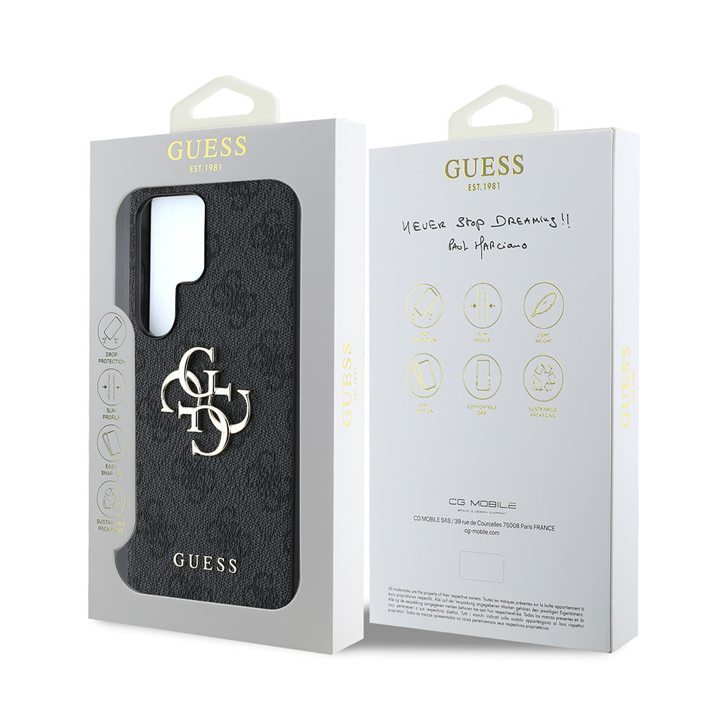 Guess Galaxy S25 Ultra Orjinal Lisanslı PU Deri 4G Desenli Metal Büyük 4G ve Yazı Logolu Kılıf