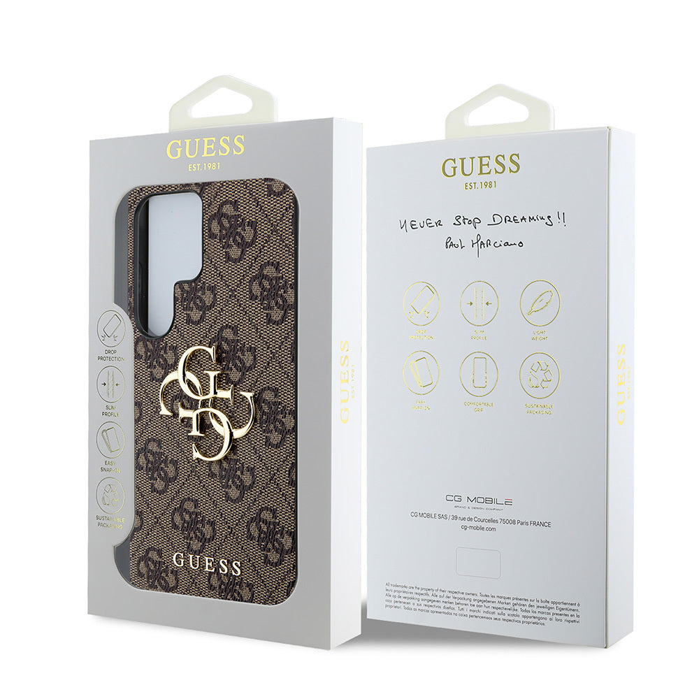 Guess Galaxy S25 Ultra Orjinal Lisanslı PU Deri 4G Desenli Metal Büyük 4G ve Yazı Logolu Kılıf