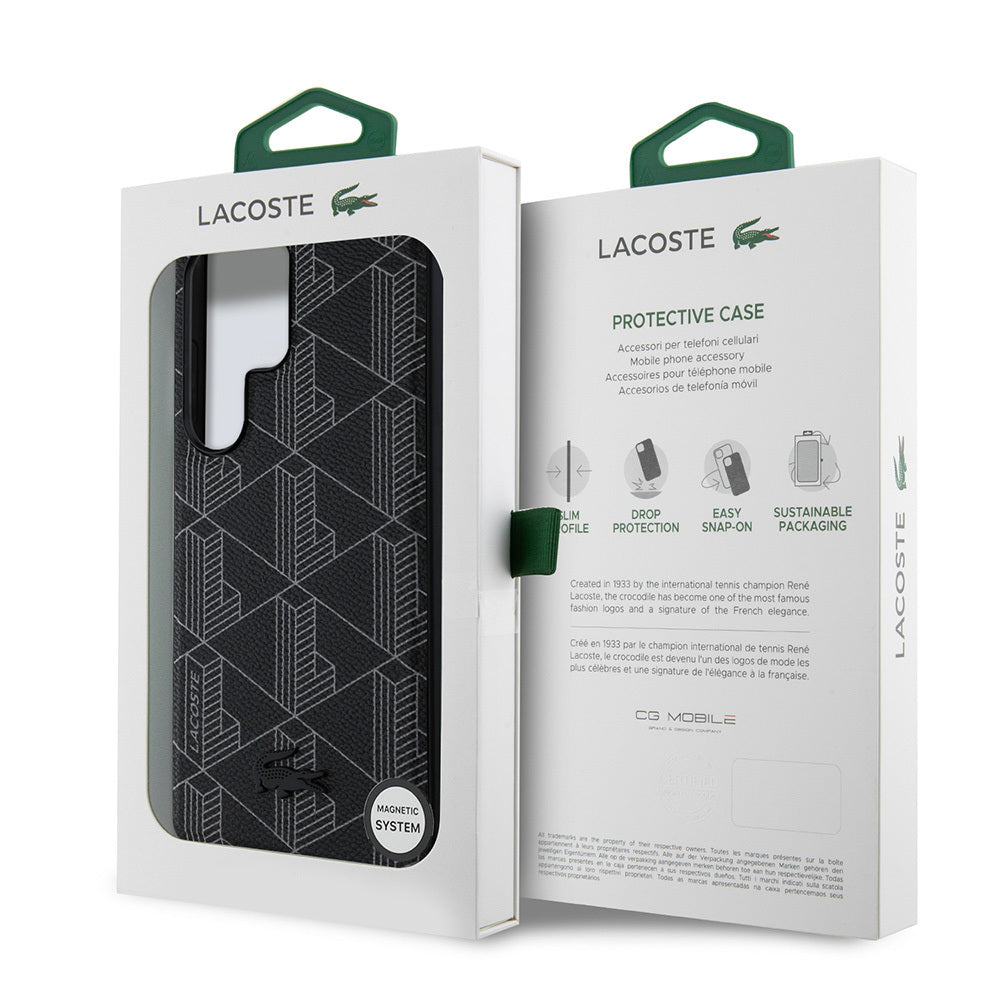 Lacoste Galaxy S25 Ultra Orjinal Lisanslı M-safe Şarj Özellikli PU Deri Görünümlü Karışık Monogram Desenli Kılıf