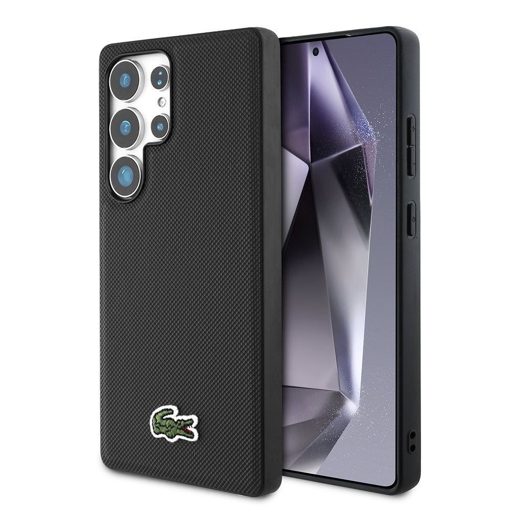 Lacoste Galaxy S25 Ultra Orjinal Lisanslı PU Pike Desenli Arka Yüzey İkonik Timsah Dokuma Logolu Kılıf