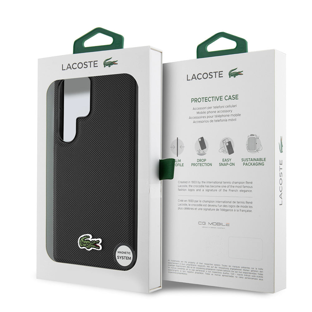 Lacoste Galaxy S25 Ultra Orjinal Lisanslı PU Pike Desenli Arka Yüzey İkonik Timsah Dokuma Logolu Kılıf