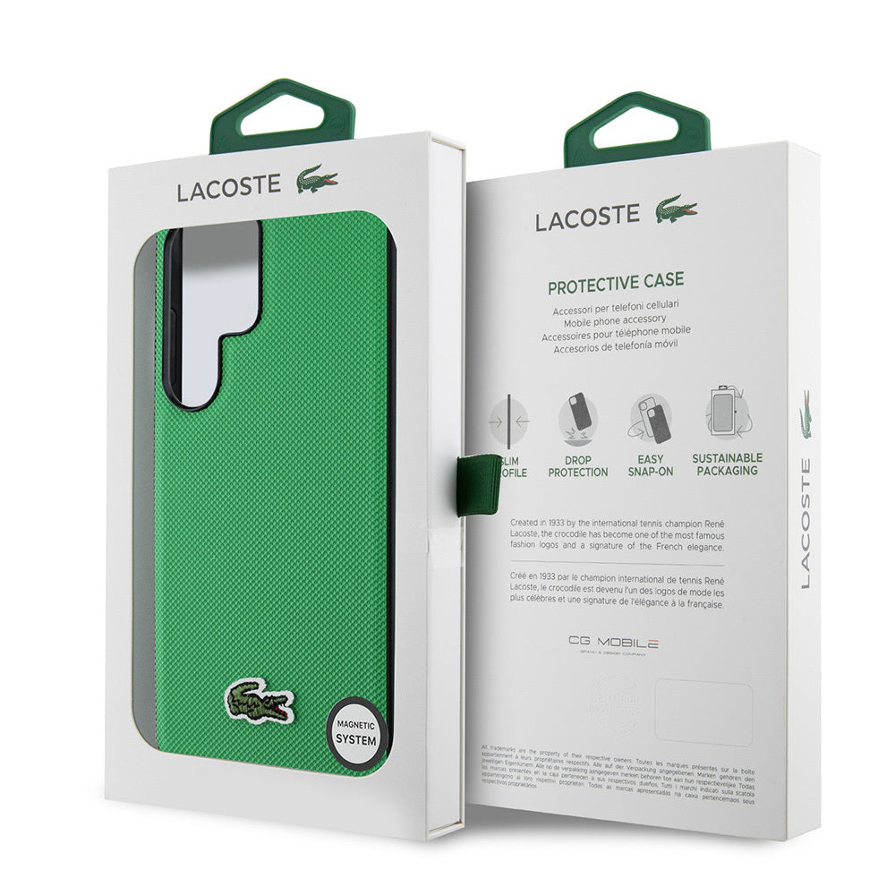 Lacoste Galaxy S25 Ultra Orjinal Lisanslı PU Pike Desenli Arka Yüzey İkonik Timsah Dokuma Logolu Kılıf