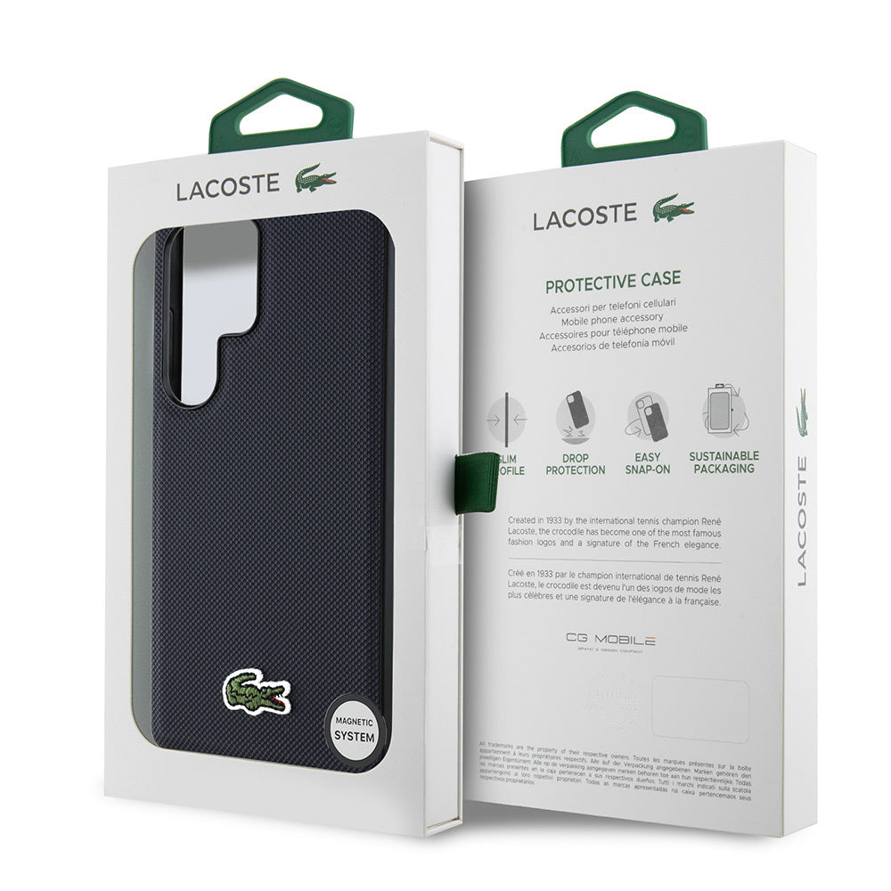 Lacoste Galaxy S25 Ultra Orjinal Lisanslı PU Pike Desenli Arka Yüzey İkonik Timsah Dokuma Logolu Kılıf