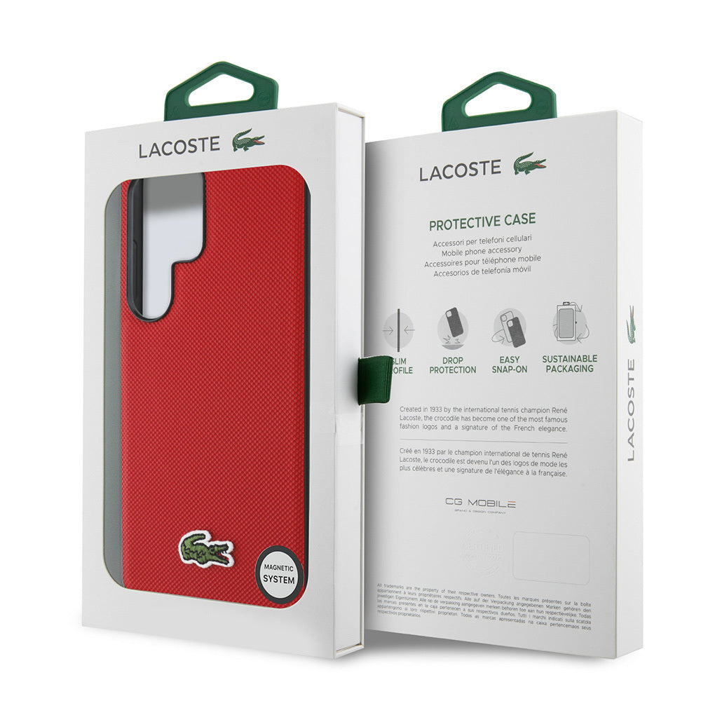 Lacoste Galaxy S25 Ultra Orjinal Lisanslı PU Pike Desenli Arka Yüzey İkonik Timsah Dokuma Logolu Kılıf