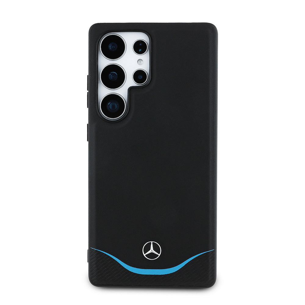 Mercedes Benz Galaxy S25 Ultra Orjinal Lisanslı M-safe Şarj Özellikli 3D Metal Logolu Mavi Yatay Eğri Çizgili Deri Kılıf