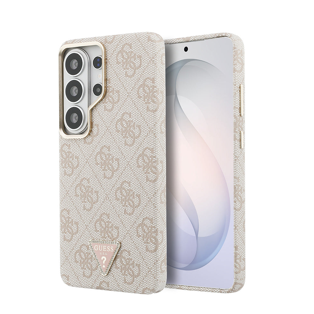 Guess Galaxy S26 Ultra Orjinal Lisanslı M-safe Şarj Özellikli Gold Metal Kamera Çerçeveli Taşlı Üçgen Logo 4G Desenli Kılıf