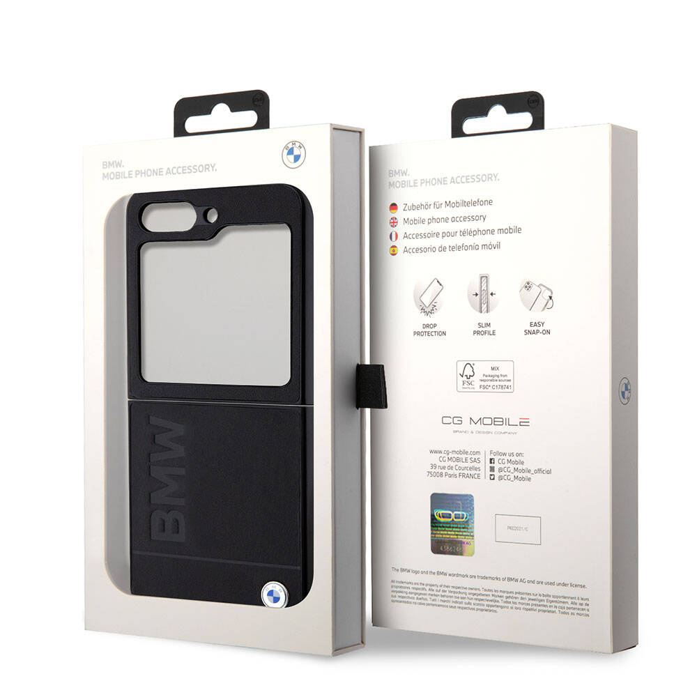 BMW Galaxy Z Flip 5 Orjinal Lisanslı Sıcak Damga Logolu Deri Telefon Kılıfı