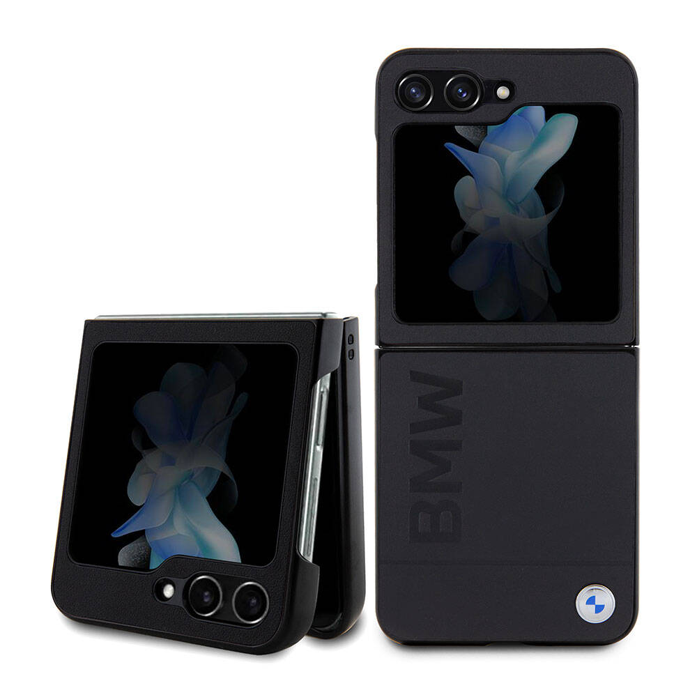 BMW Galaxy Z Flip 5 Orjinal Lisanslı Sıcak Damga Logolu Deri Telefon Kılıfı