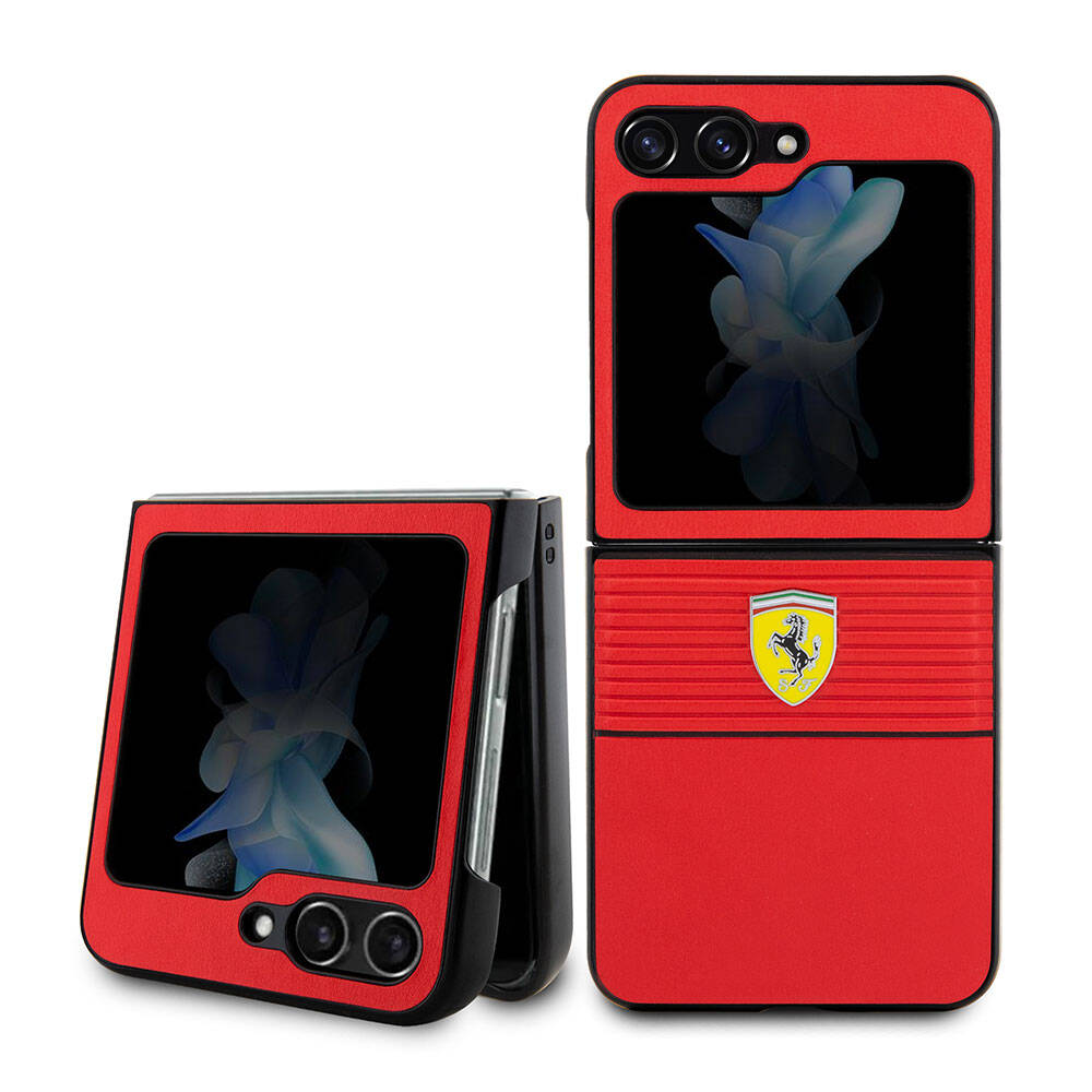 Ferrari Galaxy Z Flip 5 Orjinal Lisanslı PU Deri Metal Logolu Multi Çizgili Kılıf