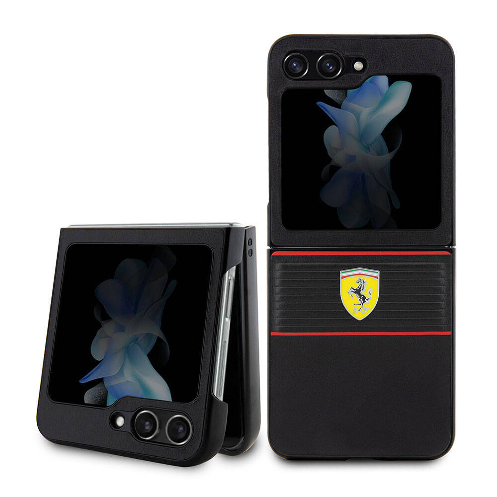 Ferrari Galaxy Z Flip 5 Orjinal Lisanslı PU Deri Metal Logolu Multi Çizgili Kılıf