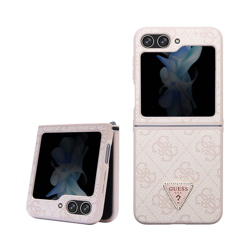 Guess Galaxy Z Flip 5 Kılıf Orjinal Lisanslı PU Deri Taşlı Üçgen Logo 4G Desenli Strass Telefon Kılıfı - 1