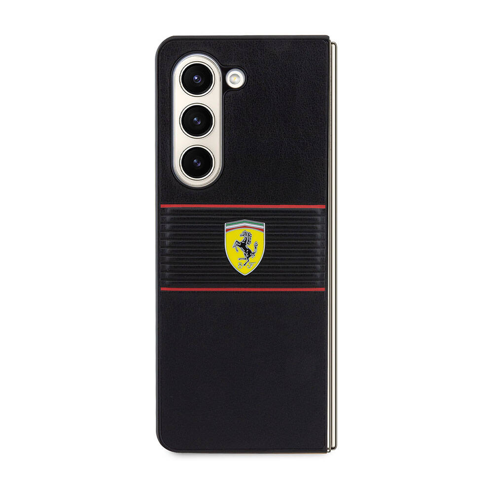 Ferrari Galaxy Z Fold 5 Orjinal Lisanslı PU Deri Metal Logolu Multi Çizgili Telefon Kılıfı