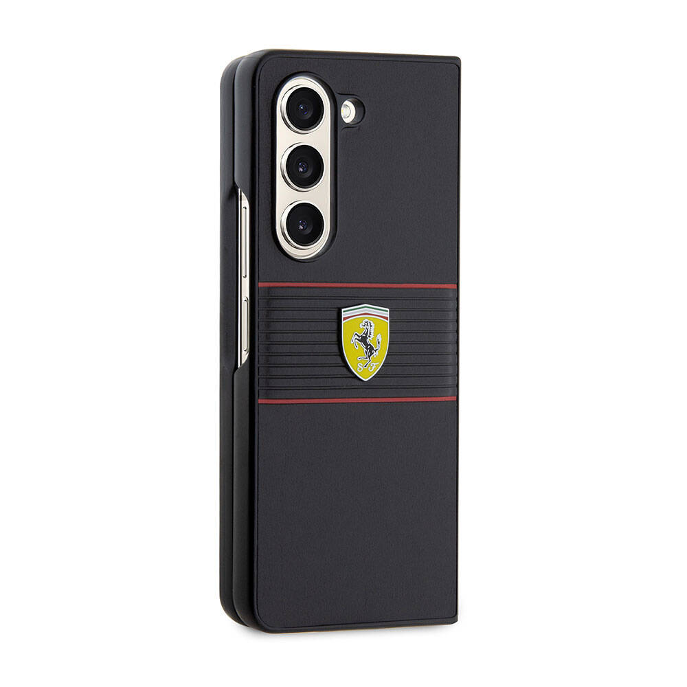 Ferrari Galaxy Z Fold 5 Orjinal Lisanslı PU Deri Metal Logolu Multi Çizgili Telefon Kılıfı