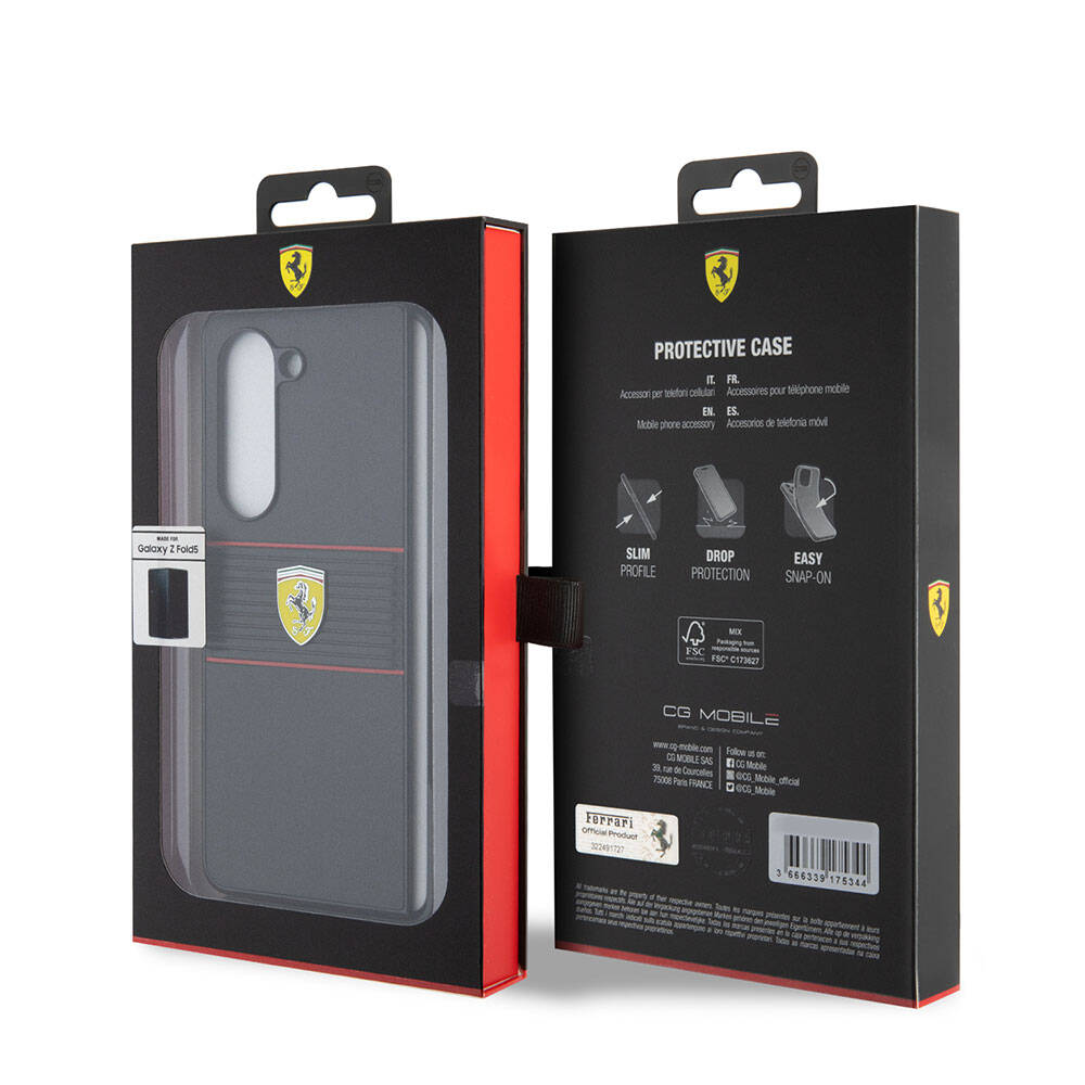 Ferrari Galaxy Z Fold 5 Orjinal Lisanslı PU Deri Metal Logolu Multi Çizgili Telefon Kılıfı