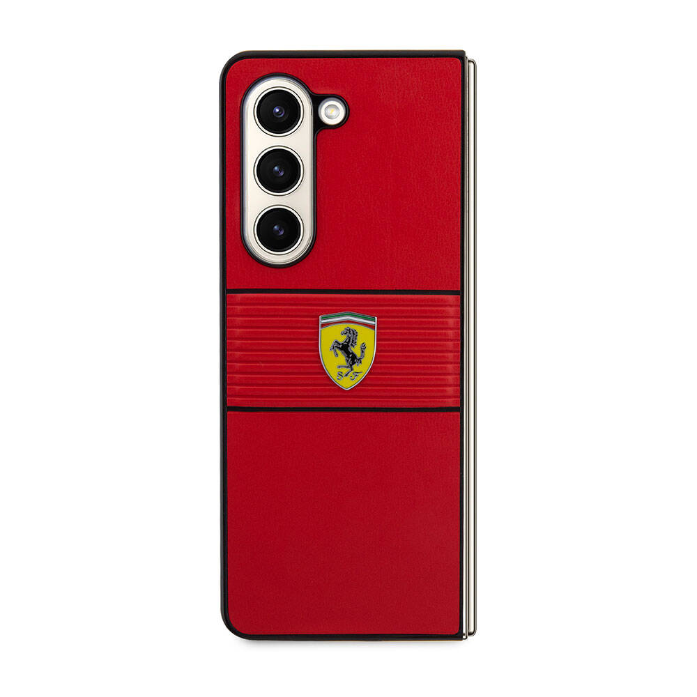 Ferrari Galaxy Z Fold 5 Orjinal Lisanslı PU Deri Metal Logolu Multi Çizgili Telefon Kılıfı