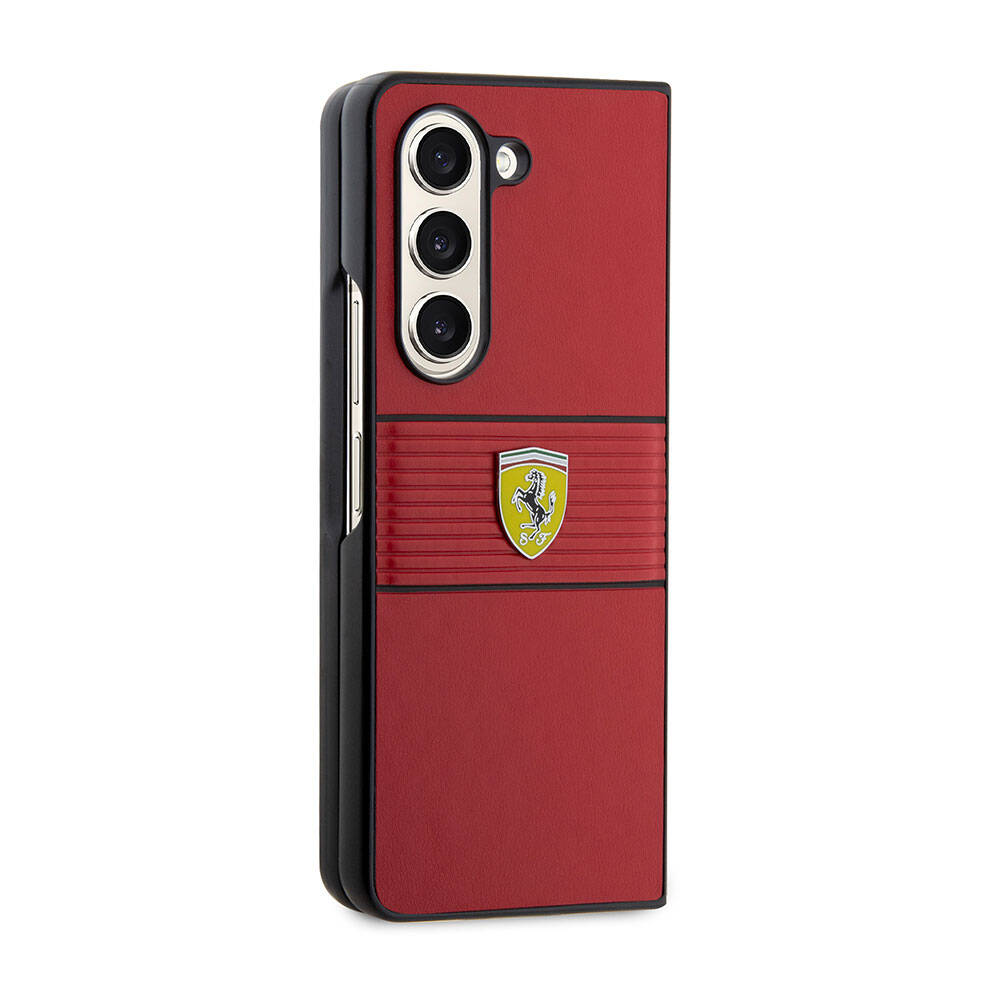 Ferrari Galaxy Z Fold 5 Orjinal Lisanslı PU Deri Metal Logolu Multi Çizgili Telefon Kılıfı
