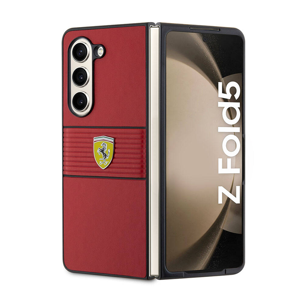 Ferrari Galaxy Z Fold 5 Orjinal Lisanslı PU Deri Metal Logolu Multi Çizgili Telefon Kılıfı