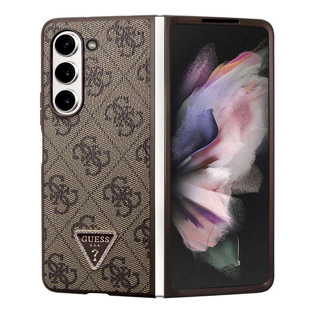 Guess Galaxy Z Fold 5 Orjinal Lisanslı PU Deri Taşlı Üçgen Logo 4G Desenli Strass Telefon Kılıfı - 1