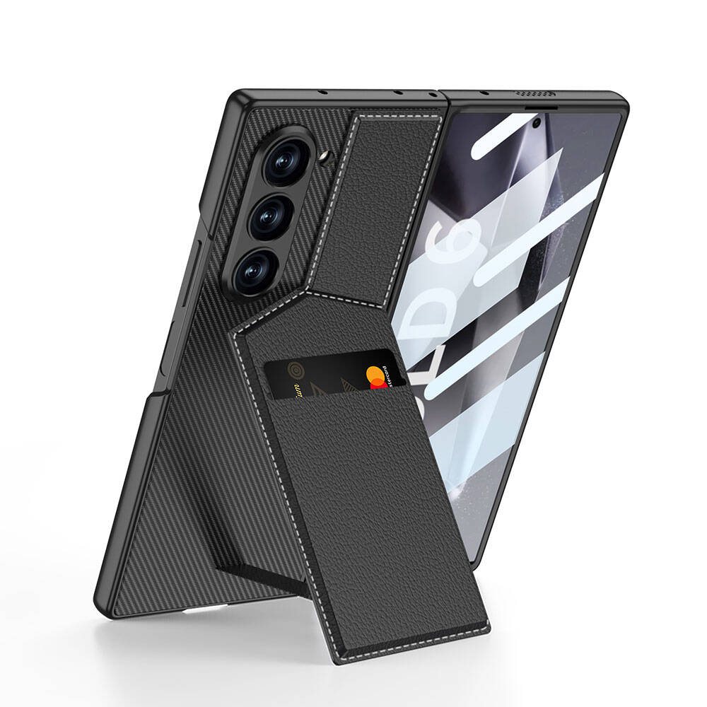 Cepax Galaxy Z Fold 6 Karbon Fiber Deri Kartlıklı Kıpta Dik Açılan Kartlıklı Kılıf