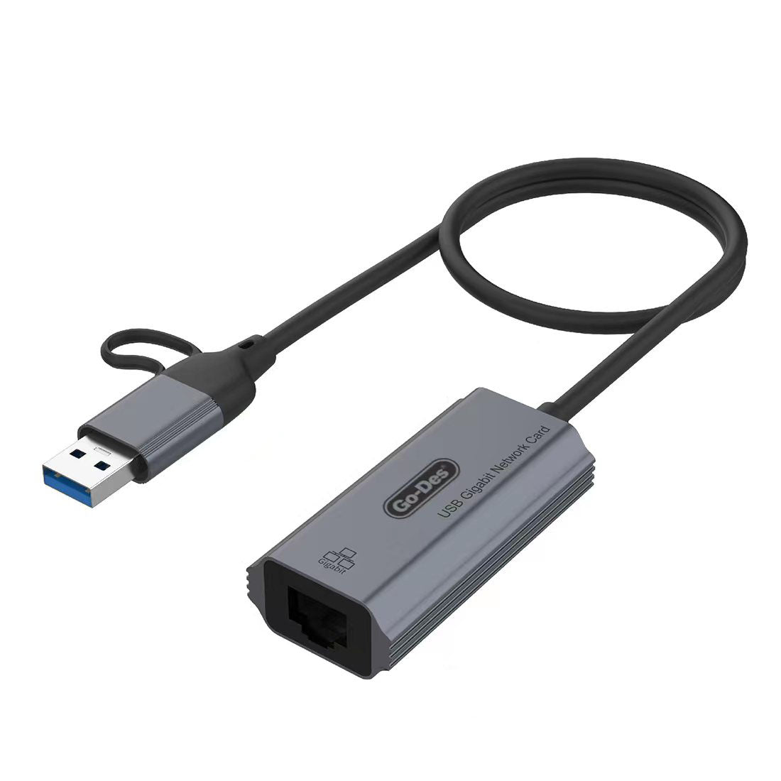Go-Des GD-6836 RJ45 to Type-C ve USB-A Gigabit Ethernet Dönüştürücü Kablo 1000Mbps 50cm