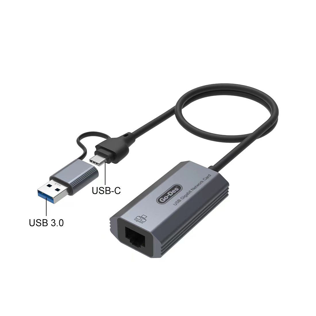 Go-Des GD-6836 RJ45 to Type-C ve USB-A Gigabit Ethernet Dönüştürücü Kablo 1000Mbps 50cm
