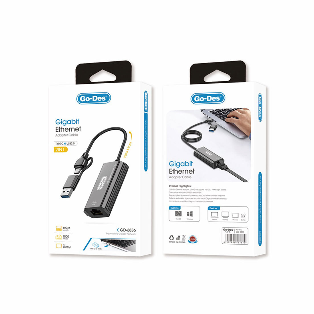 Go-Des GD-6836 RJ45 to Type-C ve USB-A Gigabit Ethernet Dönüştürücü Kablo 1000Mbps 50cm