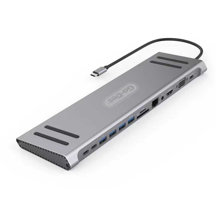 Go-Des GD-9120 14 in 1 Stand Özellikli Type-C Hub SD Kart-RJ45-HDMI-VGA-Usb Çoğaltıcı