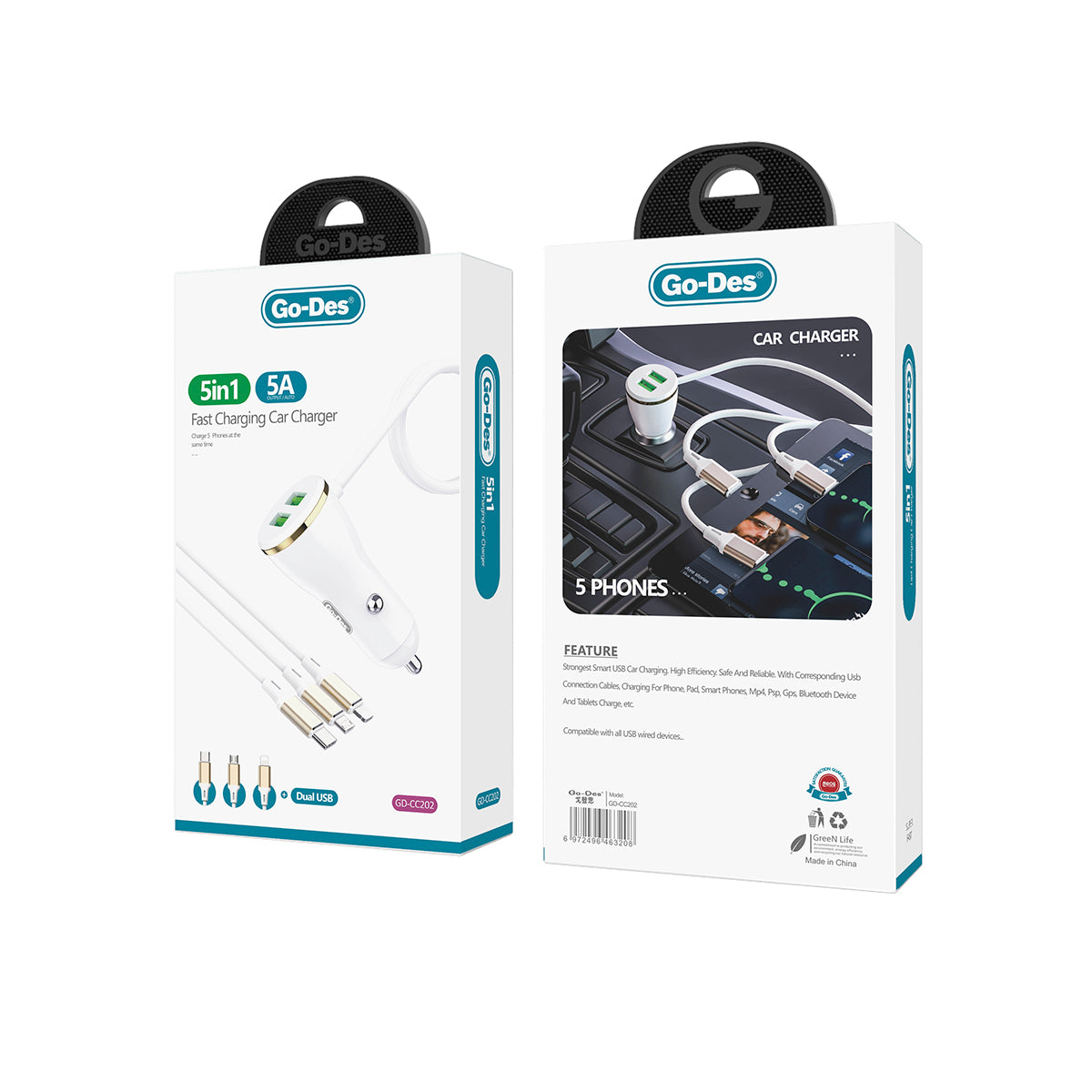 Go-Des GD-CC202 5 in 1 5A Hızlı Şarj Çift USB-A ve Micro Type-C Lightning Kablolu Araç Şarj Aleti