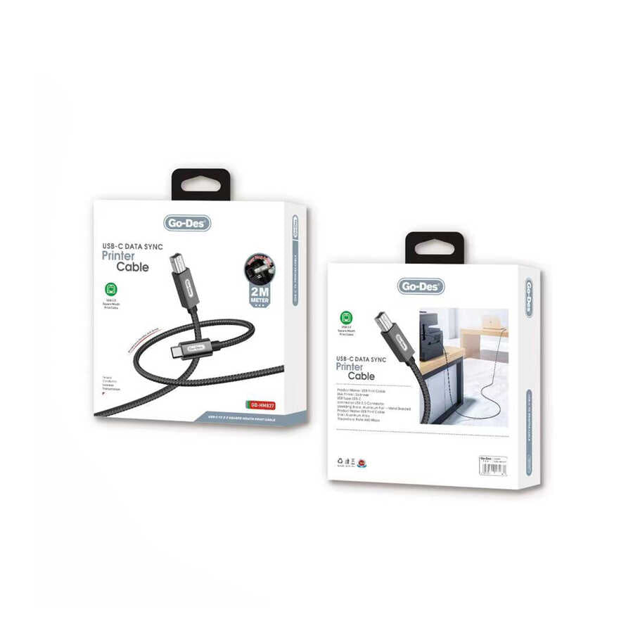 Go Des GD-HM837 Type-C to USB-B 2.0 Örgülü 2 Metre Yazıcı Kablosu - 2