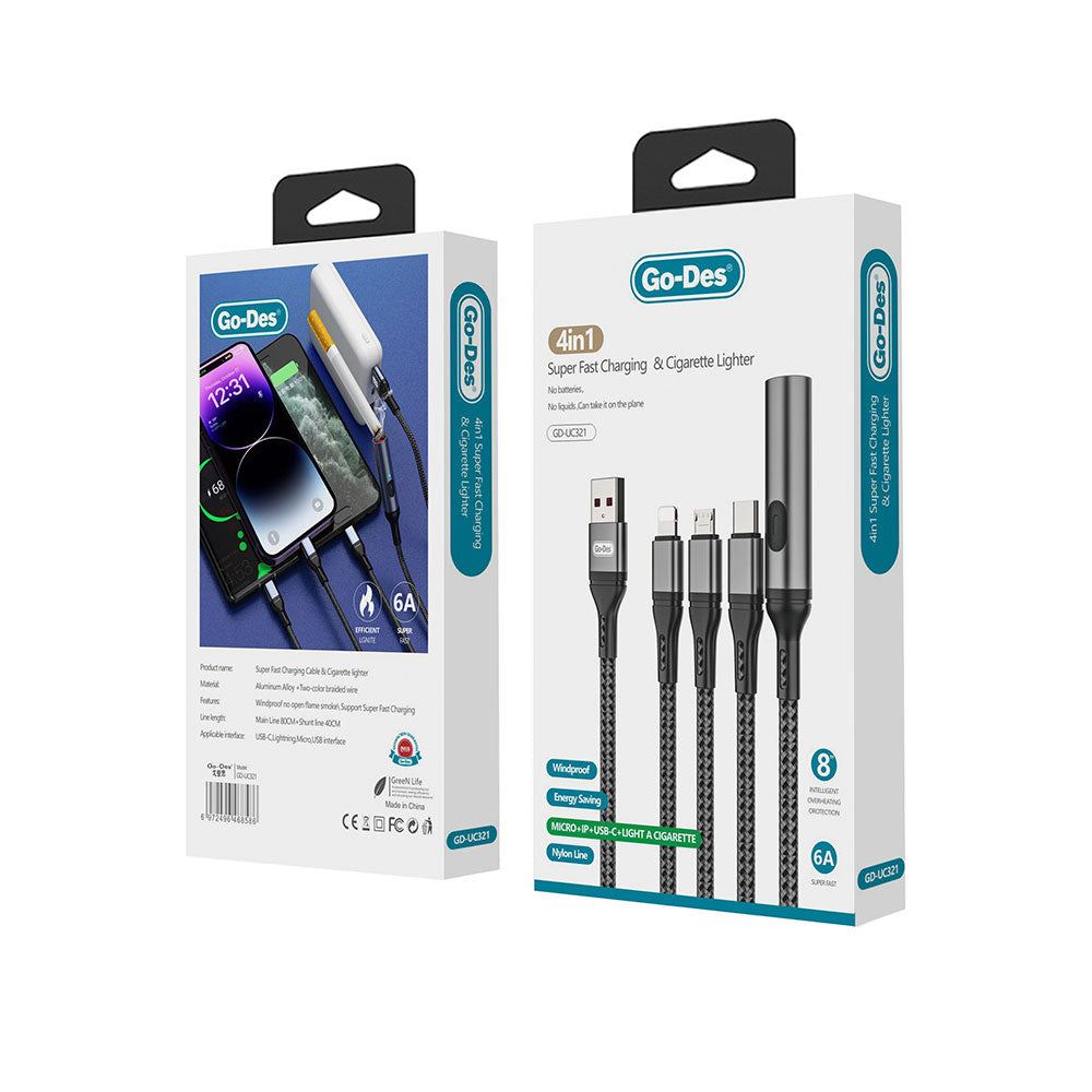 Go-Des GD-UC321 4in1 Lightning – Type-C – Micro USB Ultra Hızlı Şarj Kablosu + Çakmak
