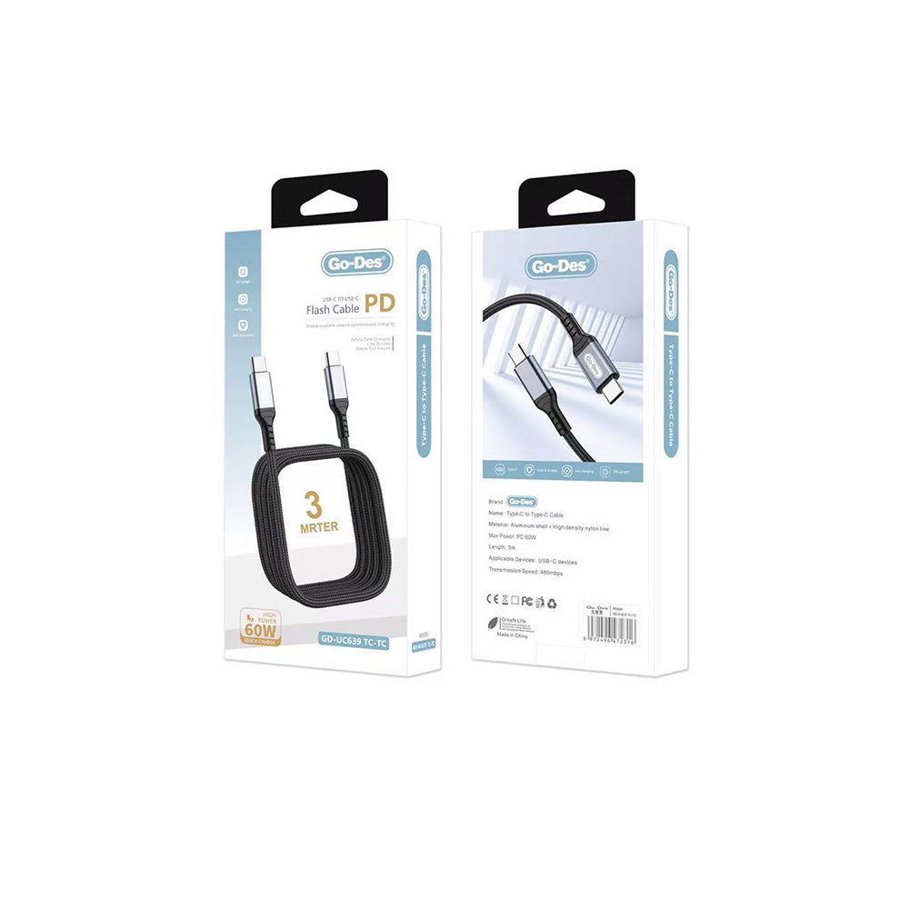 Go-Des GD-UC639 Type-C to Type-C 60W 3 Metre PD Hızlı Şarj Kablosu
