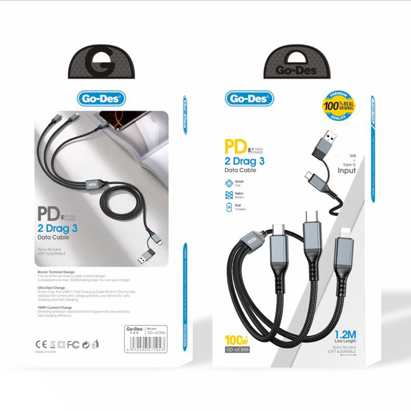 Go Des GD-UC806 3in2 Lightning – Type-C – Type-C  100W 1 Metre Hızlı Şarj Kablosu