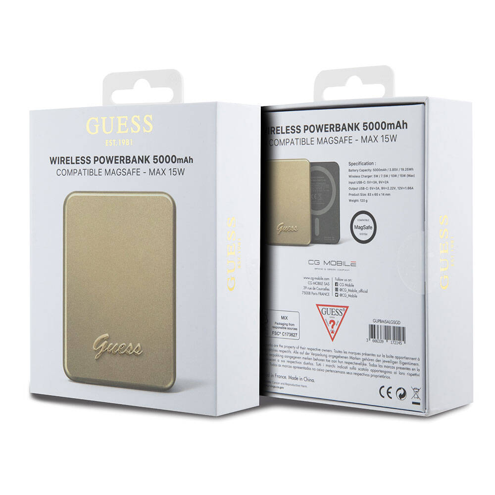 Guess Orjinal Lisanslı M-safe Şarj Özellikli Metal Yazı Logolu Powerbank 5000mAh 15W