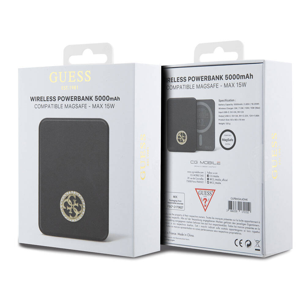 Guess Orjinal Lisanslı M-safe Şarj Özellikli Taşlı 4G Logolu Powerbank 5000mAh 15W