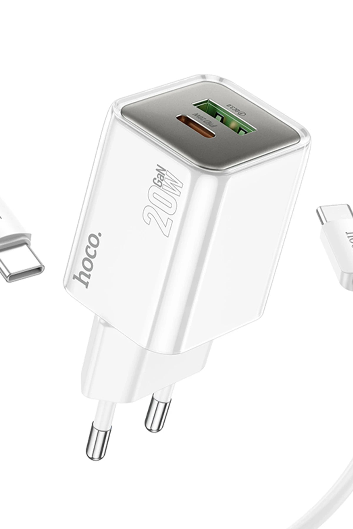 Hoco. N46 Glorious 1 Adet Type-C ve 1 Adet USB Çıkışlı Ekstra Type-C to Type-C Kablolu 20W PD Hızlı Şarj Aleti