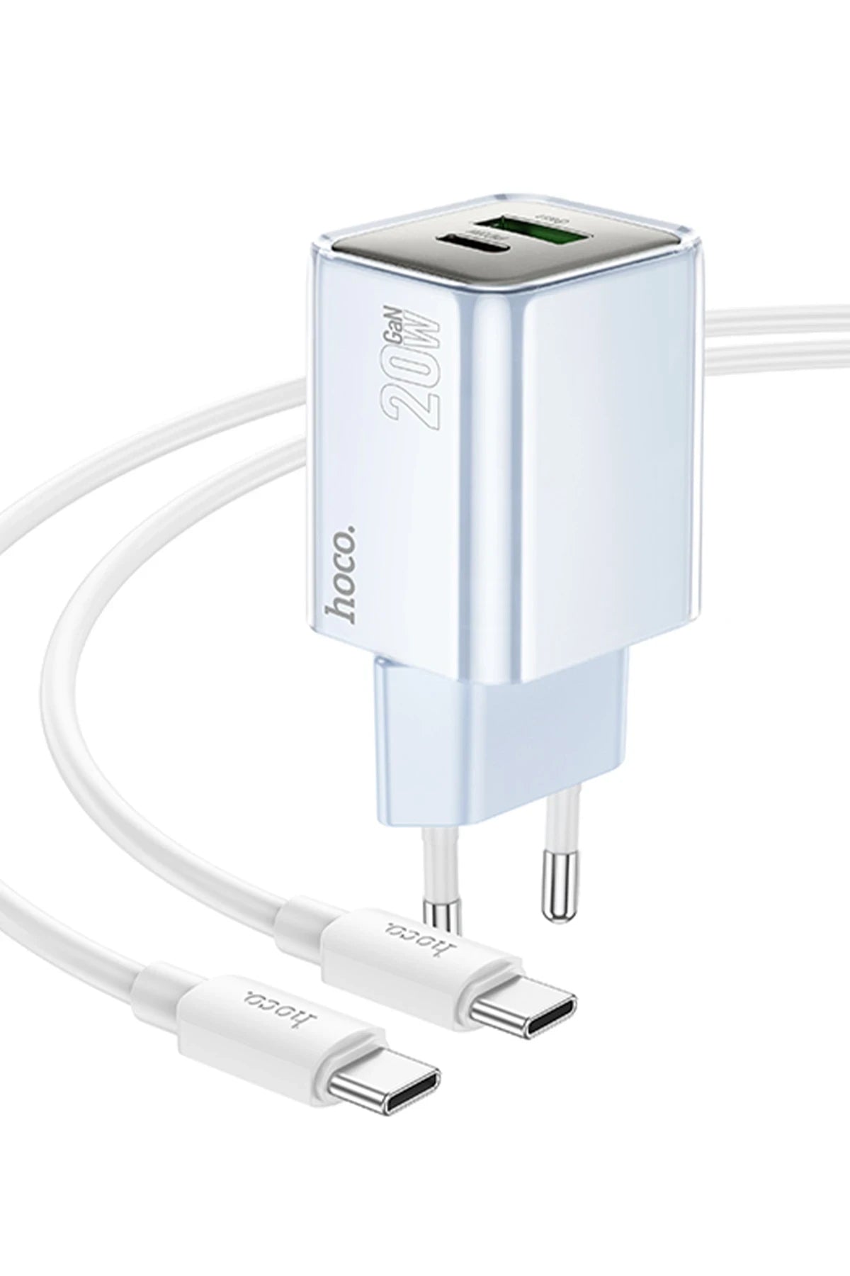 Hoco. N46 Glorious 1 Adet Type-C ve 1 Adet USB Çıkışlı Ekstra Type-C to Type-C Kablolu 20W PD Hızlı Şarj Aleti