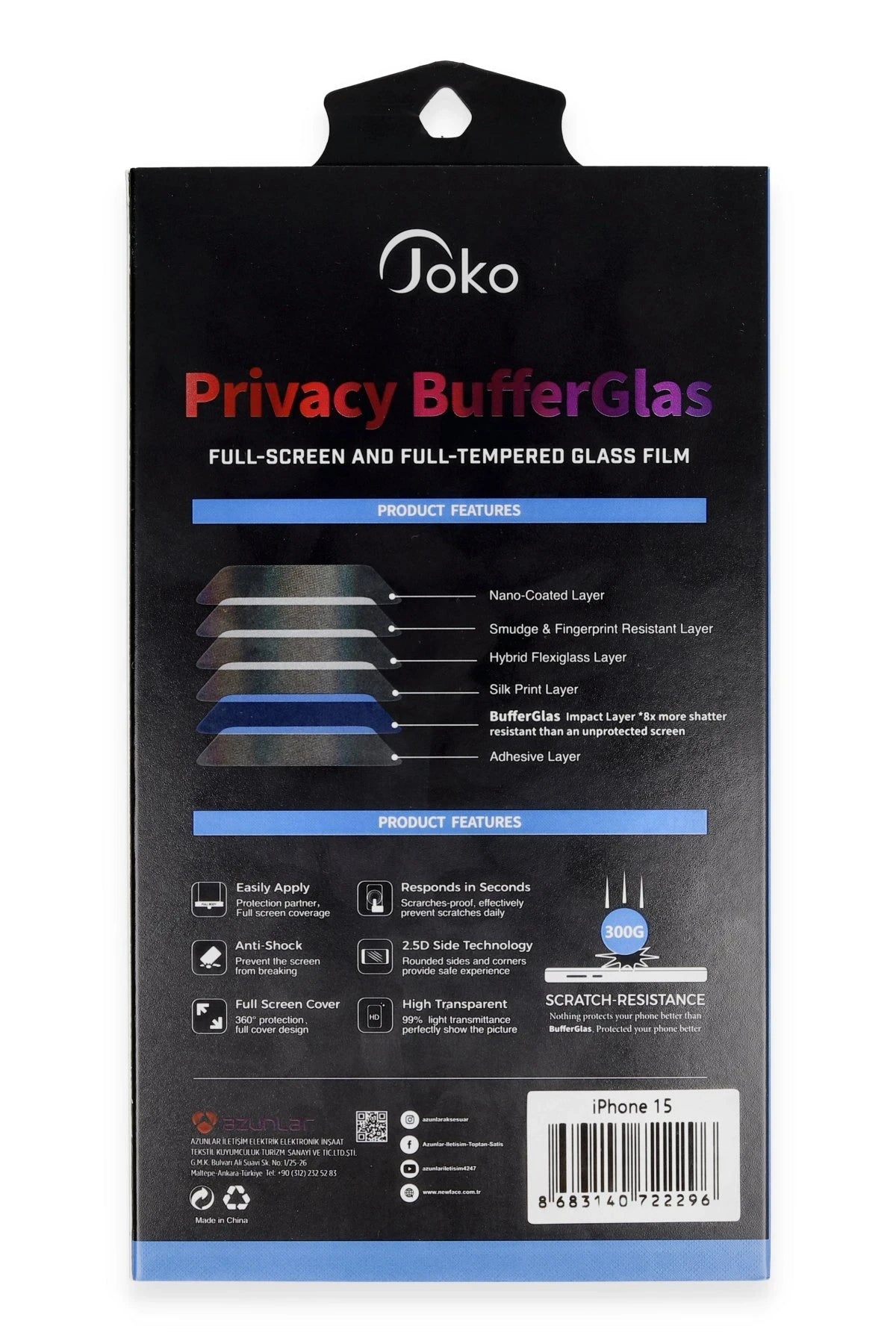 Joko iPhone 15 Buffer Hayalet Cam Ekran Koruyucu
