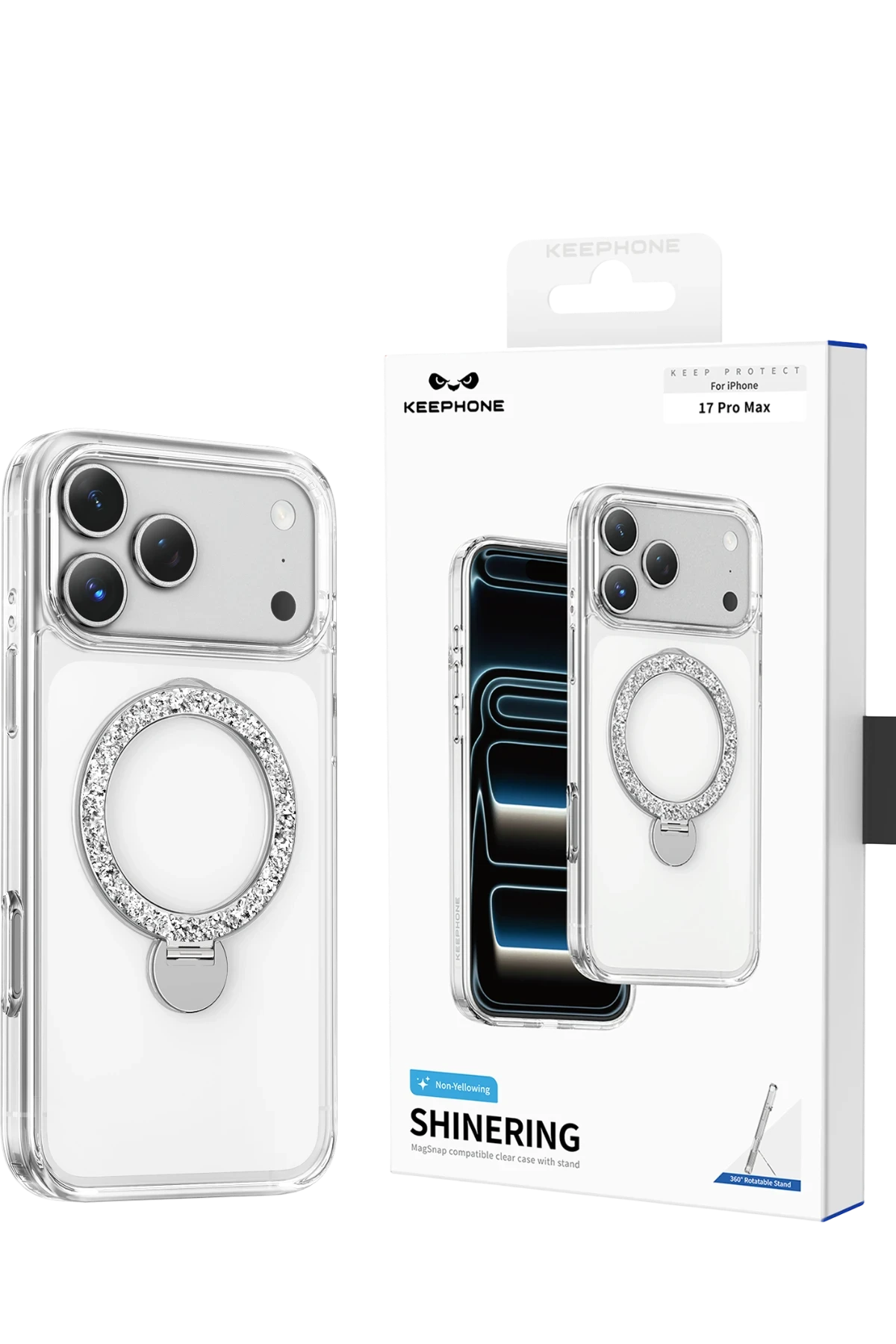 Keephone iPhone 17 Pro Crystal Taşlı 360 Magsafe Standlı Telefon Kılıfı