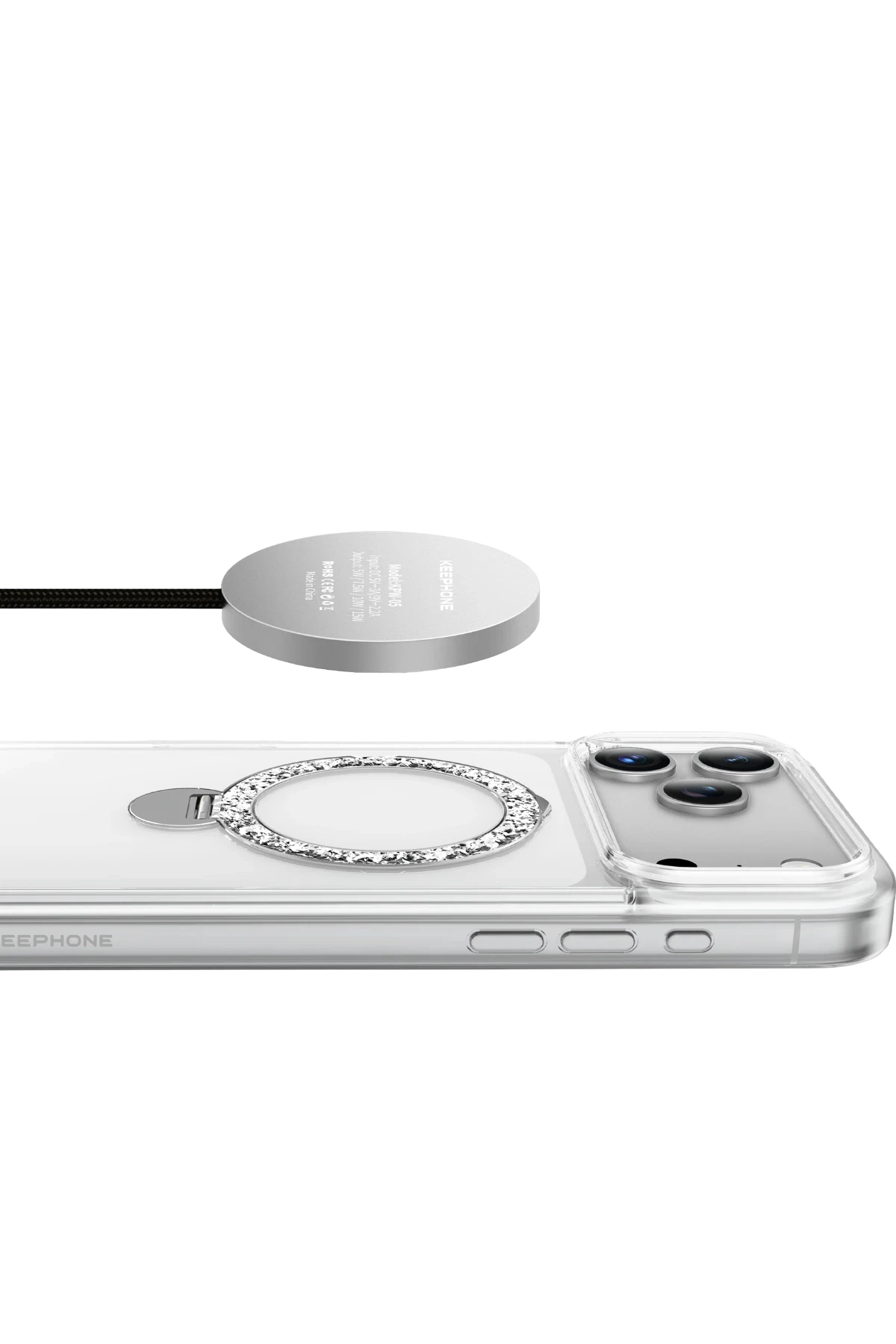 Keephone iPhone 17 Pro Crystal Taşlı 360 Magsafe Standlı Telefon Kılıfı