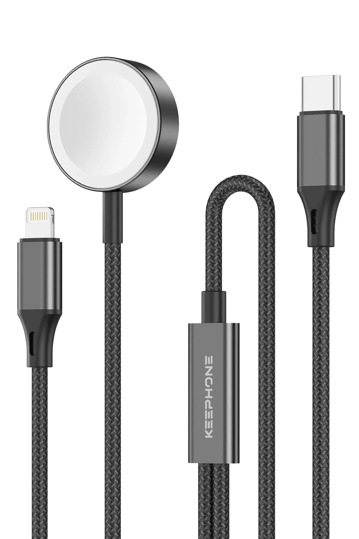 Keephone IC-014 Type-C to Lightning ve Kablosuz Saat Şarj Çıkışlı 2in1 Örgü Hızlı Şarj Kablosu