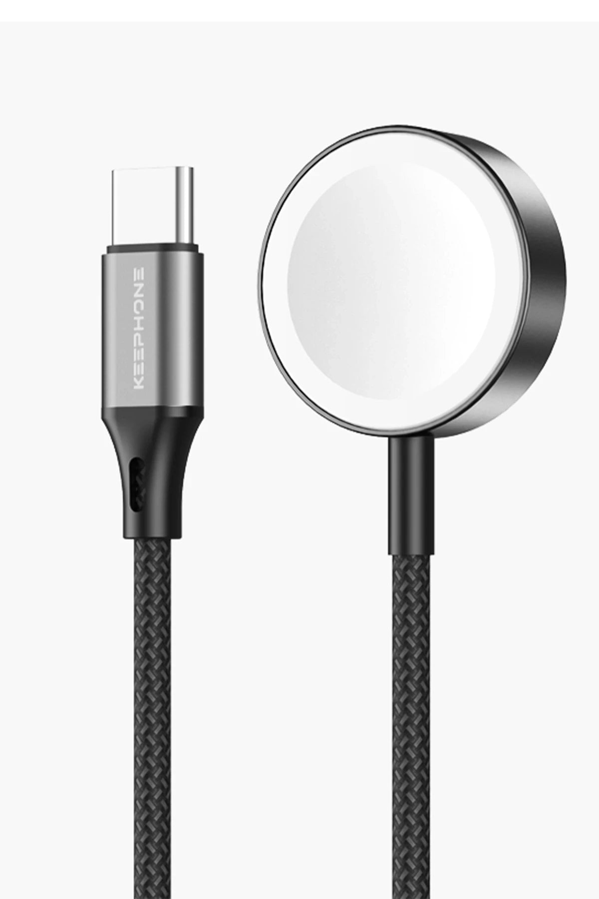 Keephone IC-016 Type-C to Kablosuz Saat Şarj Çıkışlı Örgü Hızlı Şarj Kablosu