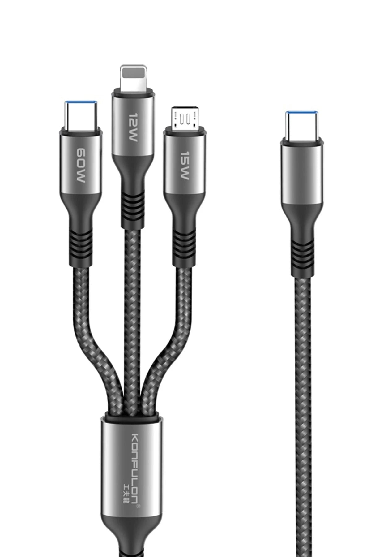 Konfulon DC62 3in1 Type-C to 60W Type-C / 12W Lightning / 15W Micro 1.2M Hızlı Şarj Kablo